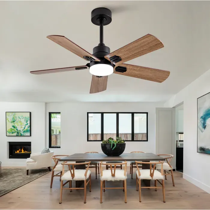 Ventilateur de plafond avec lumière et télécommande ELVMI 42 pouces noir en métal et bois noyer LED dimmable 6 vitesses