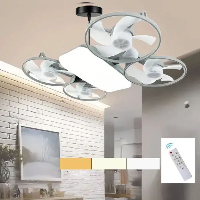 Ventilateur de Plafond avec Lumiere et Telecommande LED Lampe Ventilateur Plafond Dimmable E27 Lampe Intégrée 3 Vitesses Gris