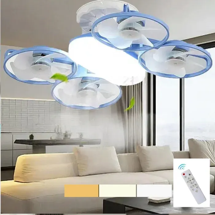 Ventilateur de Plafond avec Lumiere et Telecommande LED Lampe Ventilateur Plafond Dimmable E27 Lampe Intégrée 3 VitessesBleu