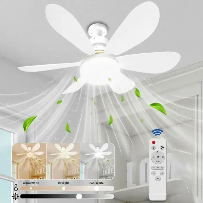 Ventilateur de plafond avec lumière et télécommande modèle 52 cm petit dimmable LED avec douille E27 6 pales 3 vitessesminuterie