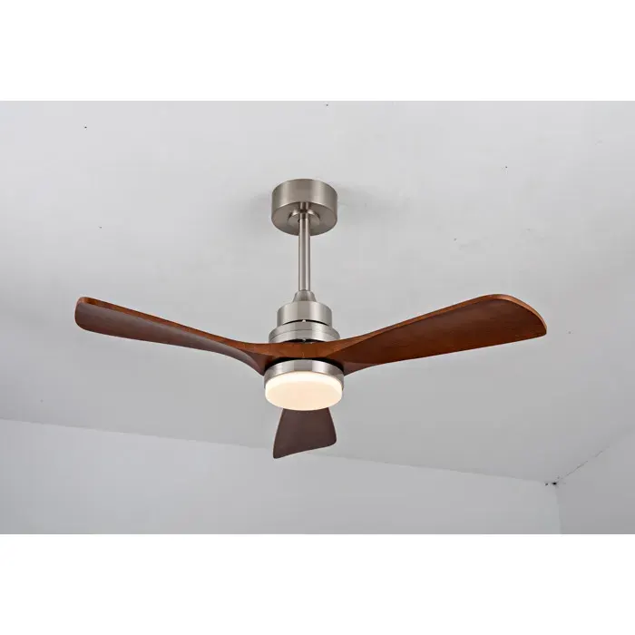 Ventilateur de plafond avec lumière et télécommande. moteur DC réversible. 3 couleurs. pales en bois. nickel