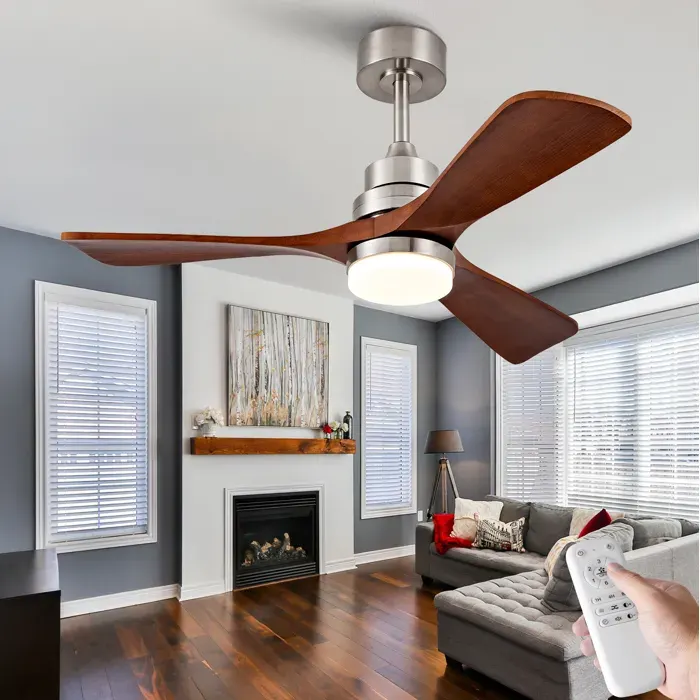 Ventilateur de plafond avec lumière et télécommande - YEAVIO - 3 pales en bois massif moteur DC réversible Gris 42 pouces