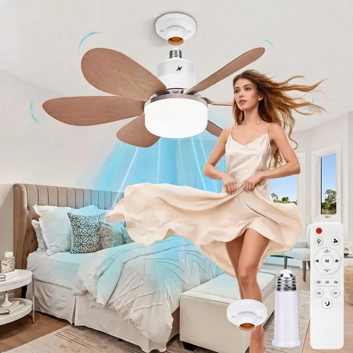 ventilateur de plafond avec lumiere et Telecommande40W E27 avec douille et extenseur3 Vitesses Silencieux pour Salon Chambre