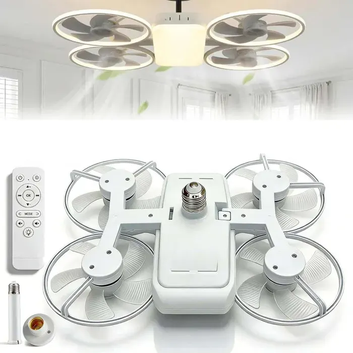 Ventilateur de Plafond avec Lumière et Télécommande50W LED Lampe Ventilateur E27 base et tige dextension3 VitessesBlanc
