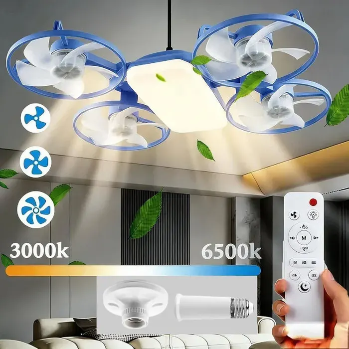 Ventilateur de Plafond avec Lumière et Télécommande50W LED Lampe Ventilateur E27 base et tige dextension3 VitessesBleu