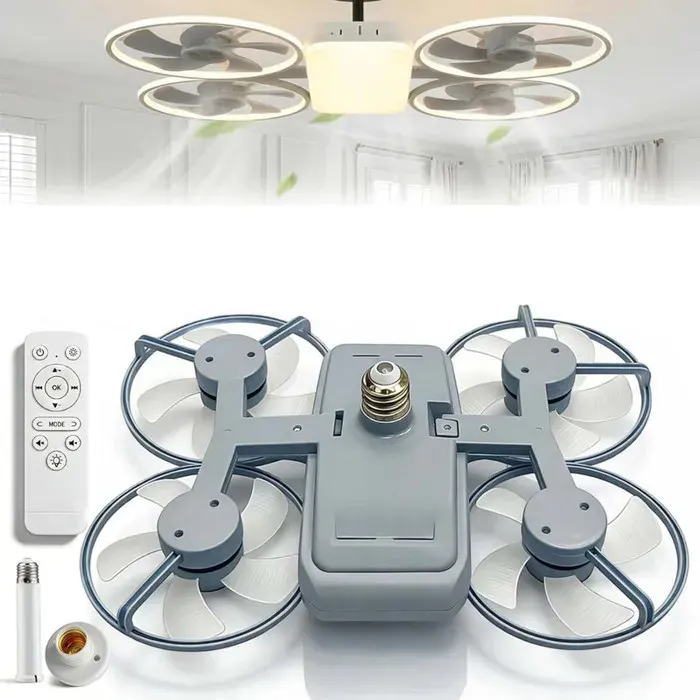 Ventilateur de Plafond avec Lumière et Télécommande50W LED Lampe Ventilateur E27 base et tige dextension3 VitessesGris