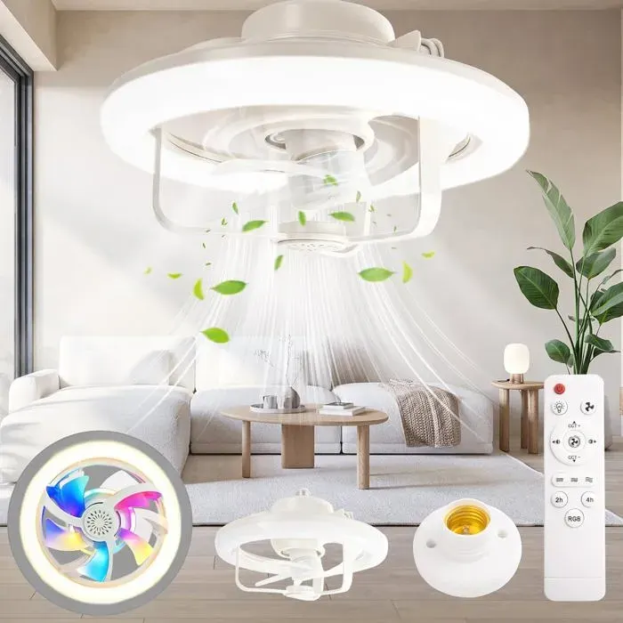 Ventilateur de Plafond avec Lumière et TelecommandeRGB 16 Couleurs Lampe Ventilateurs Plafond avec Douille E2728CM Petit