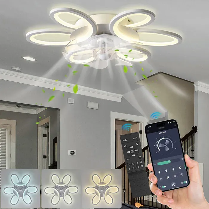 Ventilateur de plafond avec Lumiere Fleurs et Télécommande - 6 Vitesse Fan Silencieux Lustre - Moderne Dimmable éclairage