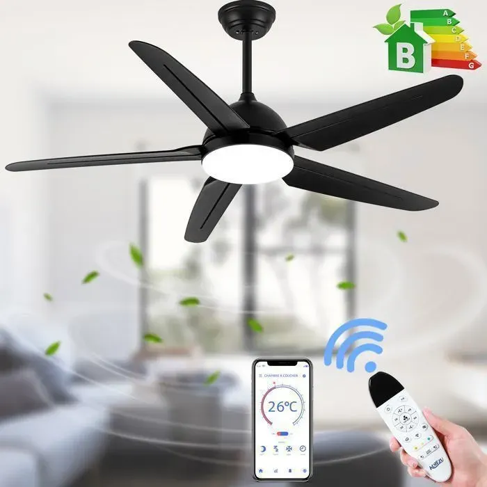 Ventilateur de Plafond avec Lumière Kotezu 132 cm Silencieux DC Réversible 5 Pales Noir Télécommande Salon Chambre