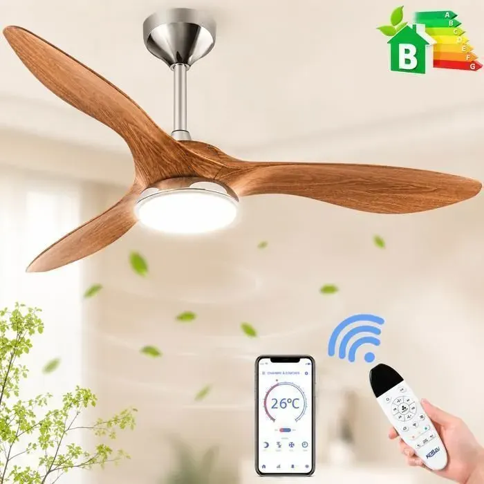 Ventilateur de Plafond avec Lumière Kotezu 132 cm Silencieux LED à Intensité Variable Pales ABS finition bois Télécommande
