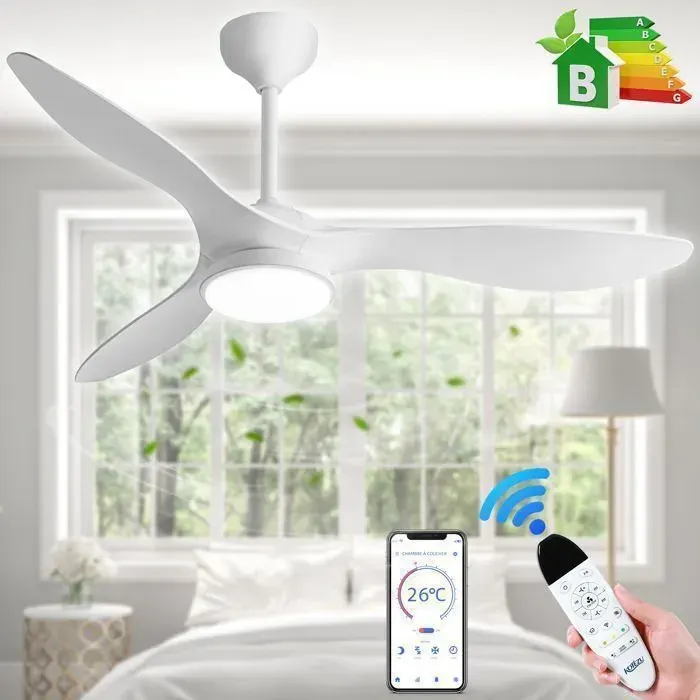 Ventilateur de Plafond avec Lumière Kotezu LED à Intensité Variable 132 cm Télécommande/Mode Hiver-Été/Silencieux/CC 30W Blanc