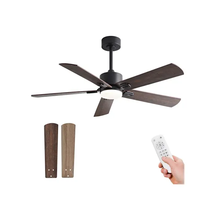 Ventilateur de plafond avec lumière LED 20W télécommande 6 vitesses réversible moteur DC silencieux noir en métal et bois