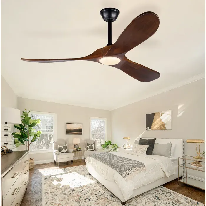 Ventilateur de plafond avec lumière LED 3 pales en bois moteur DC silencieux réversible - YEAVIO - noir 52 pouces