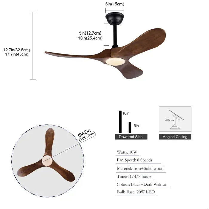 Ventilateur de plafond avec lumière LED 3CCT télécommande 3 pales 6 vitesses moteur DC silencieux noir bois ORVRYN