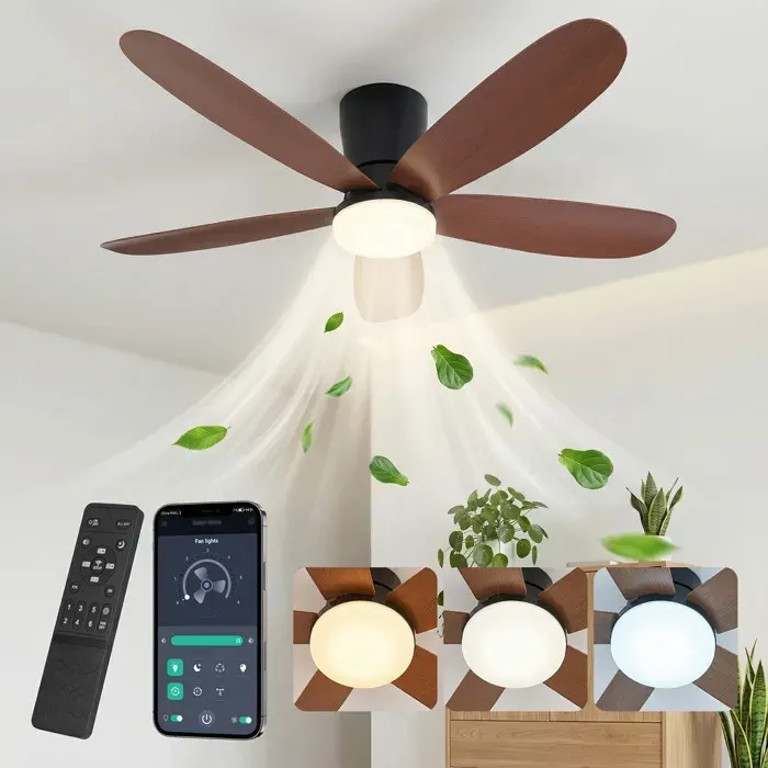 Ventilateur de plafond avec lumière LED dimmable 106 cm moteur DC silencieux télécommande et appli Noyer