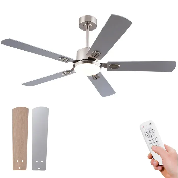 Ventilateur de plafond avec lumière LED dimmable télécommande 52 pouces 5 pales réversible DC silencieux Gris FOLYNA