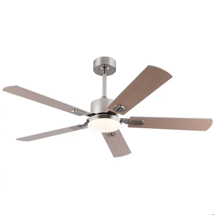 Ventilateur de plafond avec lumière LED dimmable. télécommande. 6 vitesses. moteur réversible. nickel bois