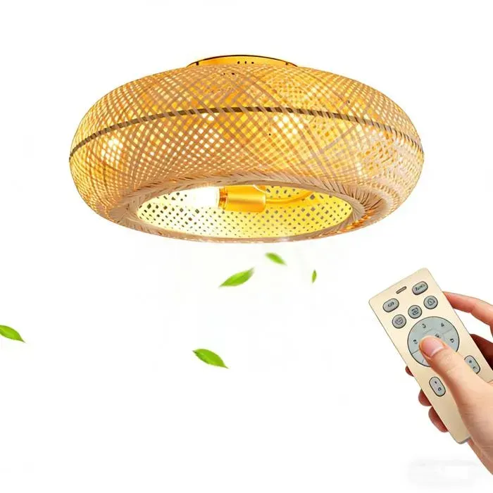 Ventilateur de Plafond avec Lumière LED en Osier Tressé – Design Cage à Oiseau – 50W Silencieux – 6 Vitesses + Télécommande