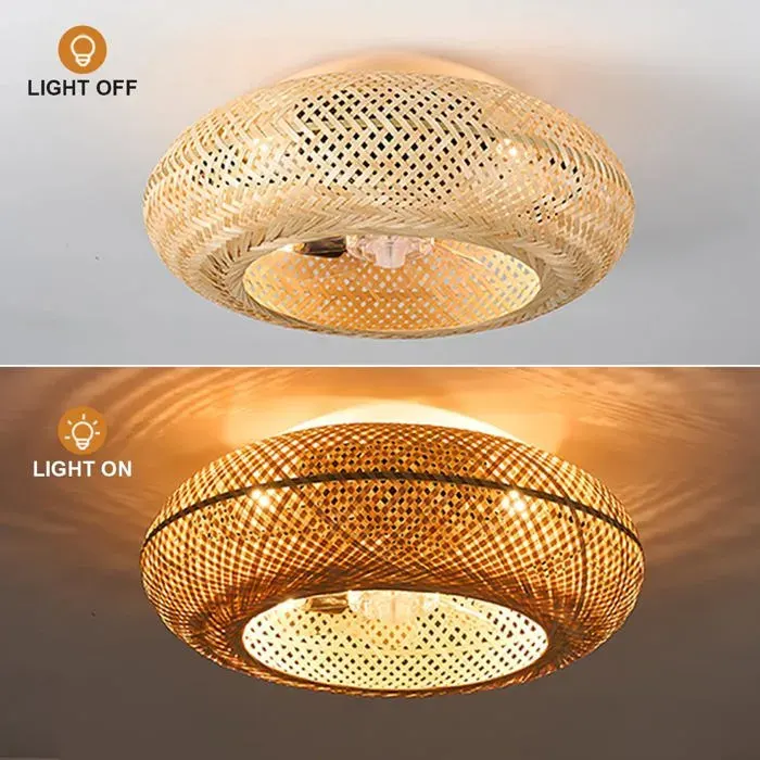 Ventilateur de plafond avec lumière LED réglable silencieux style cage rotin 6 vitesses moteur réversible télécommande 8-15 ㎡