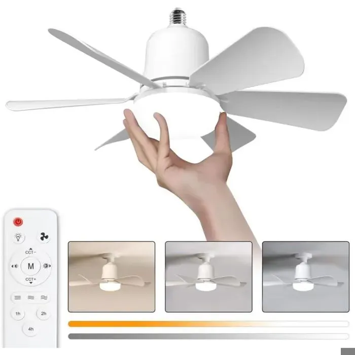 Ventilateur de plafond avec lumière - MHY® - 30W - Douille E27 - Dimmable - 3 vitesses - 6 pales - Blanc - Télécommande