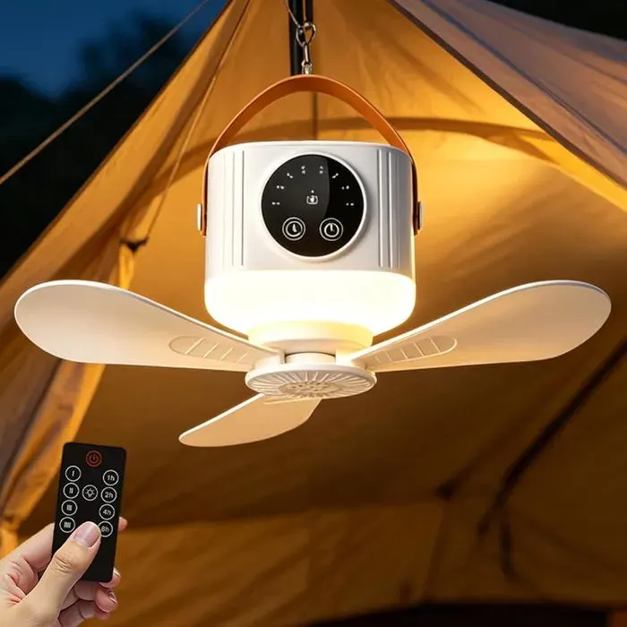 Ventilateur de plafond avec lumière pour camping – télécommande minuterie 4 vitesses trépied pliable rechargeable USB**