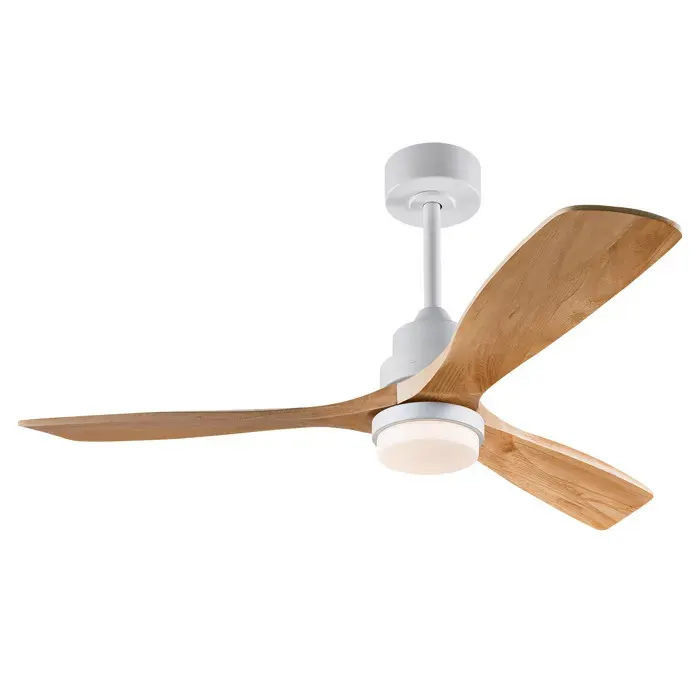 Ventilateur de plafond avec lumière. télécommande. moteur DC réversible. pales en bois massif blanc naturel