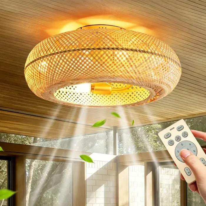 Ventilateur de plafond avec lumière Ventilateur cage tissé à la main rotin Silencieux Style cage rotin Télécommande 6 vitesses