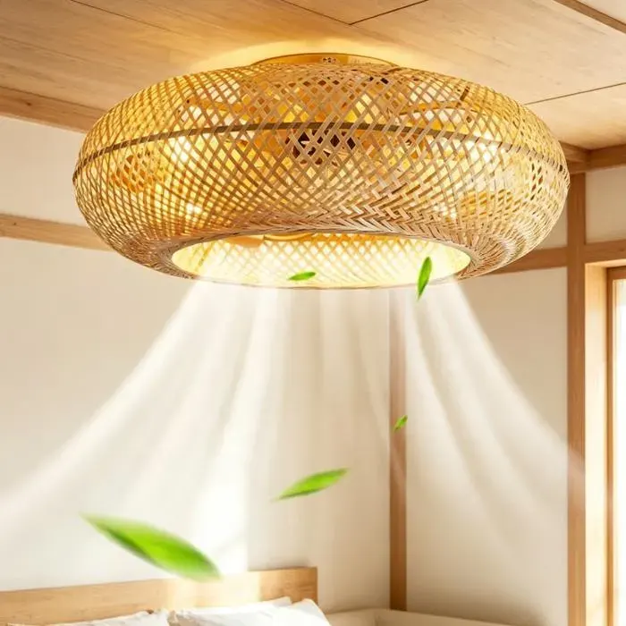 Ventilateur de plafond avec lumière Ventilateur de plafond style cage à oiseaux bambou 6 vitesses chambre à coucher Télécommande