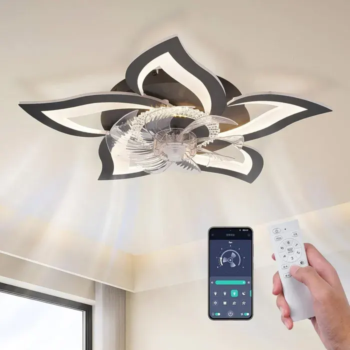 Ventilateur De Plafond Avec Lumiere - Ventilateur Plafond 50 W - Télécommande Et APP - 6 Vitesses Réversibles - 69 cm - Noir