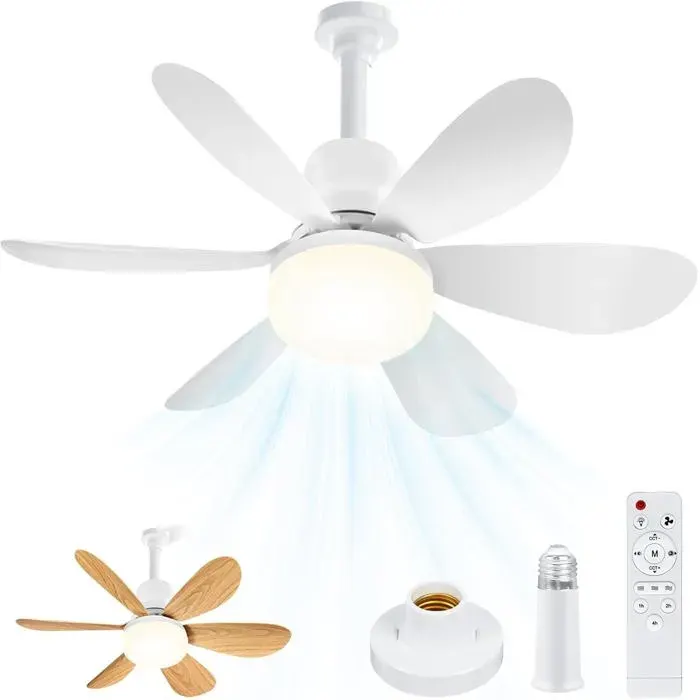 Ventilateur De Plafond Avec Lumière4 In 1 Ventilateur Avec 6 Blanc Pales+6 Effet Bois PalesTelecommandeDouille E27Silencieux