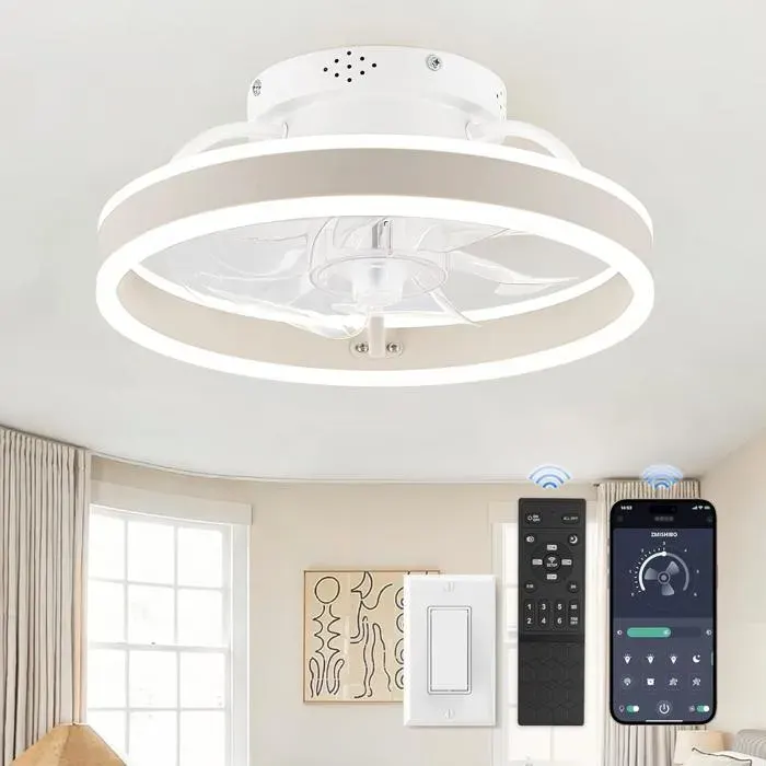 Ventilateur de plafond avec lumières et télécommande 33 cm ventilateur sans pales à 6 vitesses chambre à coucher cuisine blanc