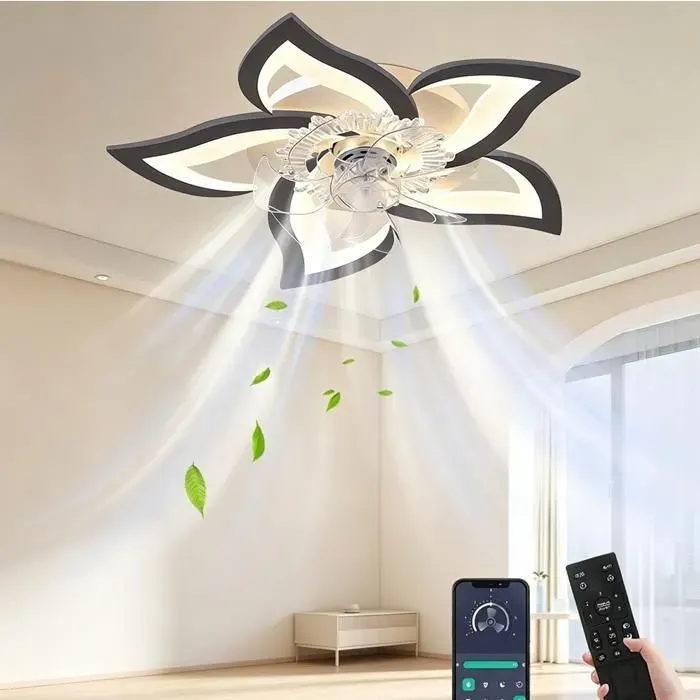 Ventilateur de plafond avec lumières et télécommande ventilateur moderne sans pales à 5 pétales à montage affleurant noir