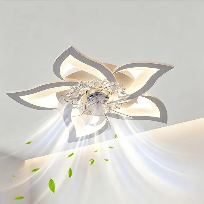 Ventilateur de plafond avec lumières et télécommande ventilateur moderne sans pales à 5 pétales à montage affleurant blanc