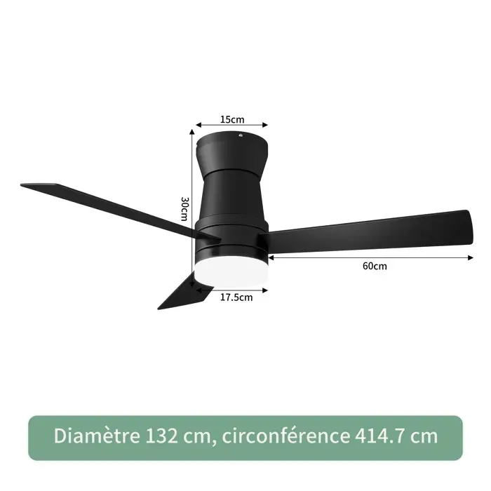 Ventilateur de Plafond avec Lumières Silencieux Ø132 cm - 3 Pales en Bois - 6 Vitesses - Télécommande - LED Réglable - Noir