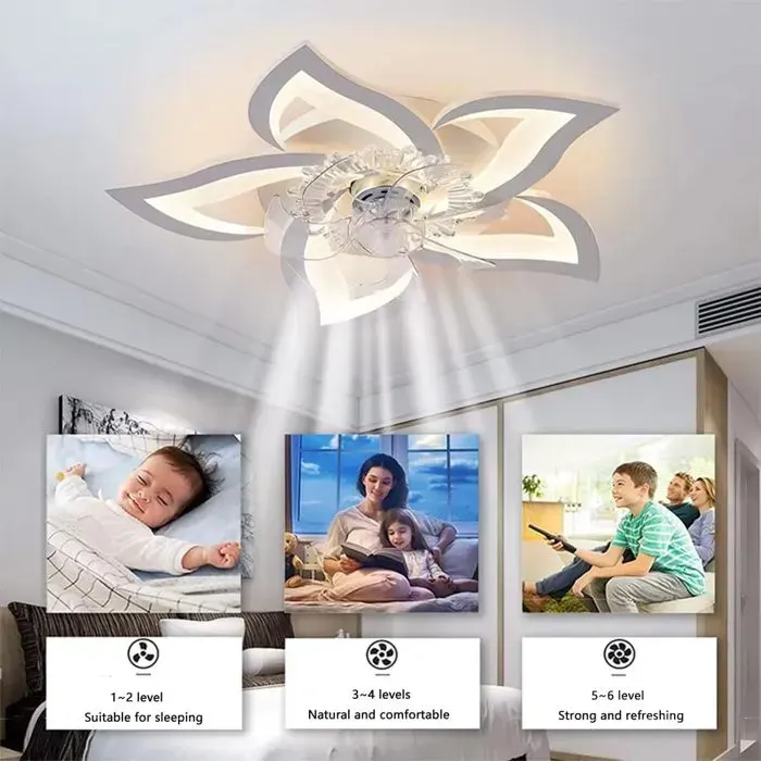 Ventilateur de plafond avec minuterie des lumières plafonnier LED encastré 3 couleurs 6 vitesses du vent fleur 69 cm