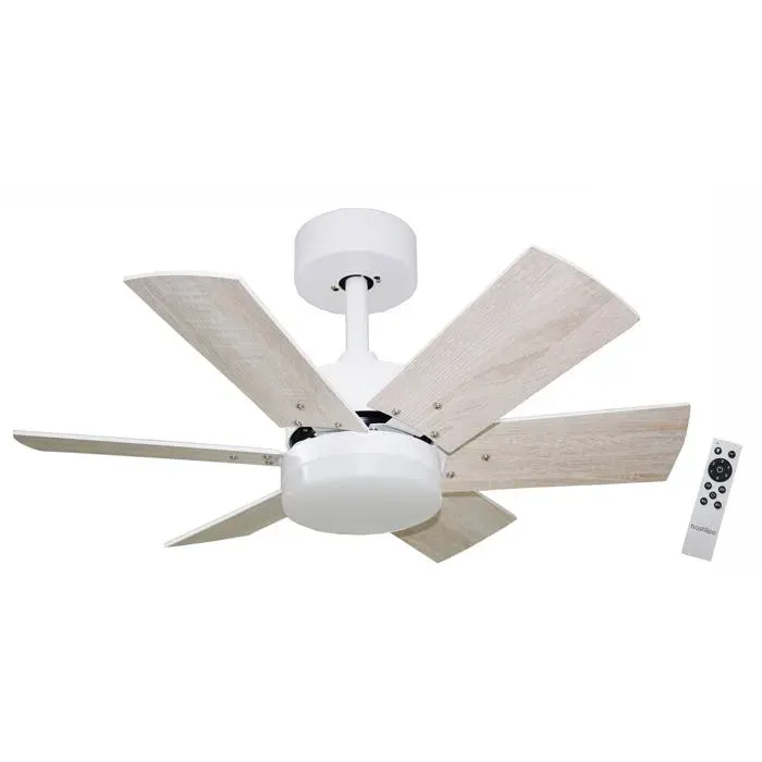 Ventilateur de plafond avec moteur DC télécommande 75 cm Ø 6 pales blanc/chêne clair éclairage LED 3 tons CALA BLANCA DC