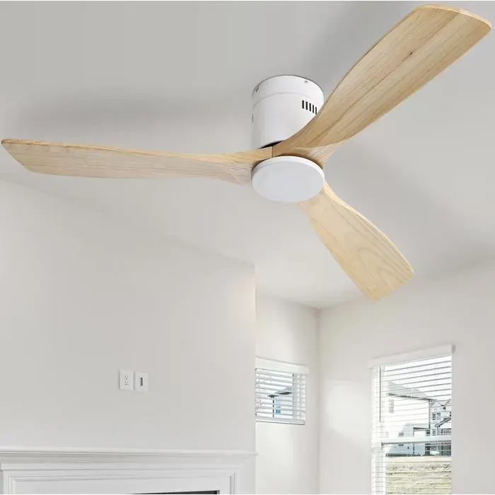 Ventilateur de plafond blanc 132 cm sans lumière 3 pales en bois massif télécommande 6 vitesses minuterie moteur DC réversible