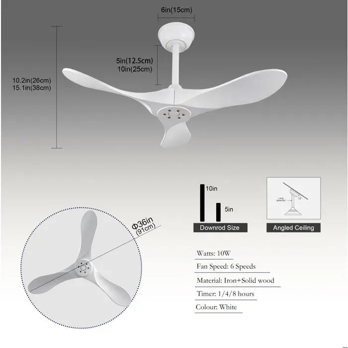 Ventilateur De Plafond Blanc 36 Pouces 3 Pales En Bois Ventilateur Moderne FloraGrace Pour Chambre Sans Éclairage 19x34x44cm
