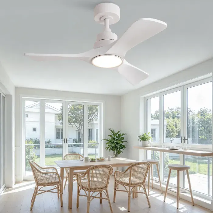 Ventilateur de Plafond Blanc 36 Pouces avec Lumière LED 3 Pales Bois Massif Télécommande Moteur DC Réversible Silencieux