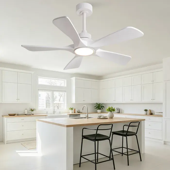 Ventilateur de Plafond Blanc 42 Pouces Bois Massif avec Lumière LED Dimmable Télécommande Moteur DC Réversible Silencieux