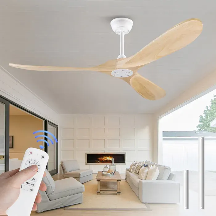 Ventilateur de plafond blanc et bois 152 x 152 x 32 cm sans lumière moteur DC silencieux télécommande 6 vitesses
