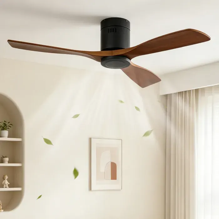 Ventilateur de plafond bois 132 cm avec 3 pales moteur silencieux à rotation réversible et télécommande (sans éclairage)