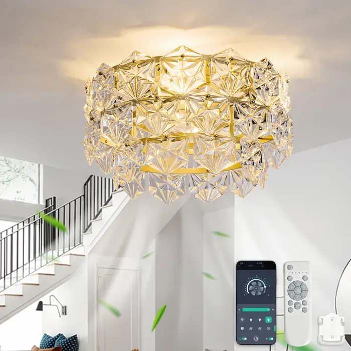 Ventilateur de Plafond Cristal Doré 19 Pouces avec Télécommande Application Moteur DC Silencieux 6 Vitesses et Réversible