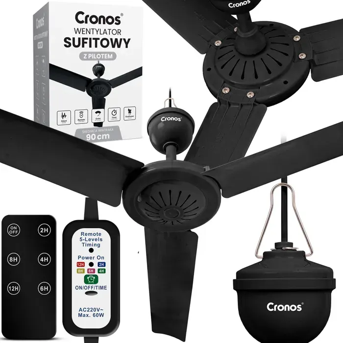 Ventilateur de plafond Cronos FC11-90 90 cm Noir + Télécommande