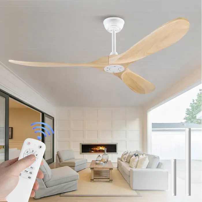 Ventilateur de Plafond de 152 cm - - Finition Bois Naturel - Moteur CC Silencieux - Télécommande - Pour Salon/Chambre