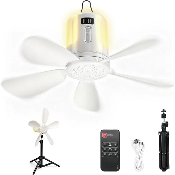 Ventilateur de plafond de 40 cm avec éclairage LED et télécommande de 4 m1 à 12 hbatterie 20 000 mAh4 niveaux de