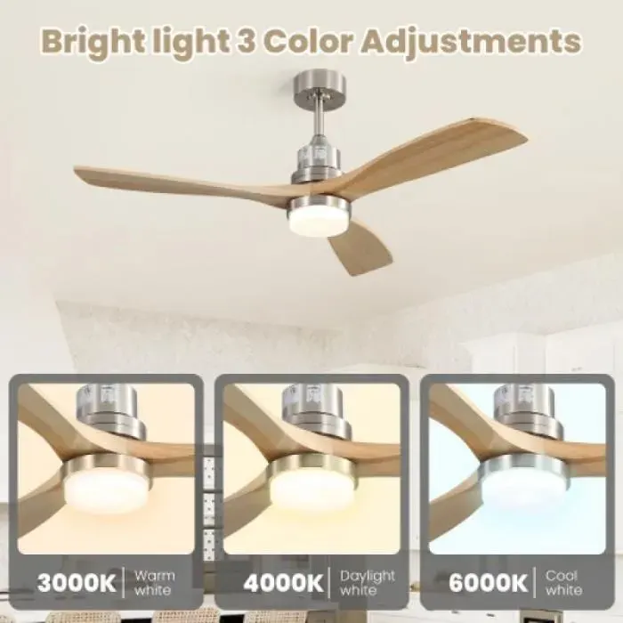 Ventilateur de plafond décoratif 132 cm pour salon chambre 3 pales bois lumière 6 vitesses moteur CC réversible