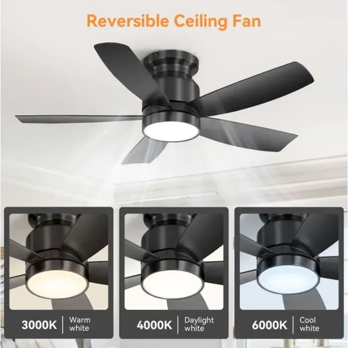 Ventilateur de plafond design moderne noir 106cm 5 pales ABS LED 18W moteur DC réversible télécommande incluse
