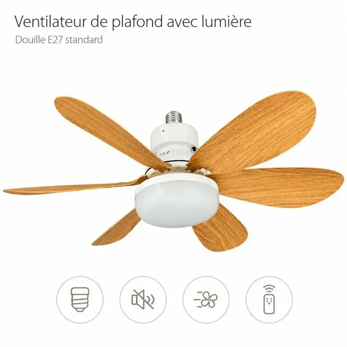 Ventilateur de plafond E27 – 6 pales bois LED télécommande – Chambre Salon Salle à manger – 42cm Marron