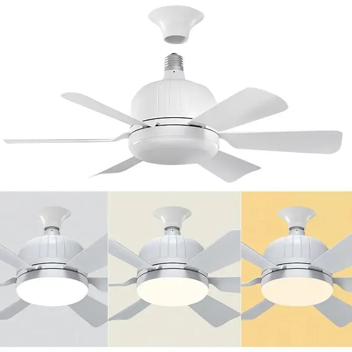 Ventilateur de Plafond E27 LED 3 Couleurs 3000K-6000K Dimmable 6 Pales Télécommande Blanc